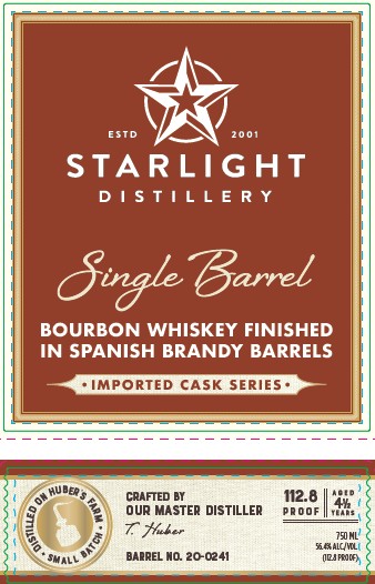 TABC label artwork for Starlight Distillery Single Barrel Bourbon Whiskey Finished In Spanish Brandy Barrels