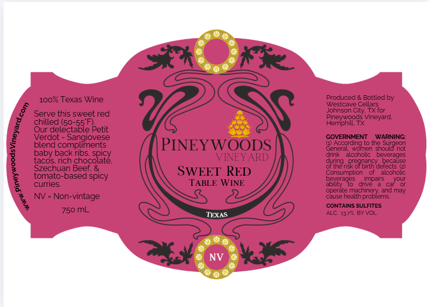 TABC label artwork for PINEYWOODS VINEYARD SWEET RED