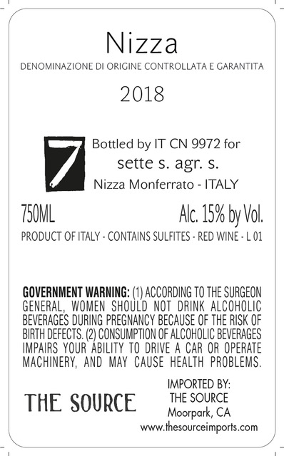 TABC label artwork for Sette, Nizza