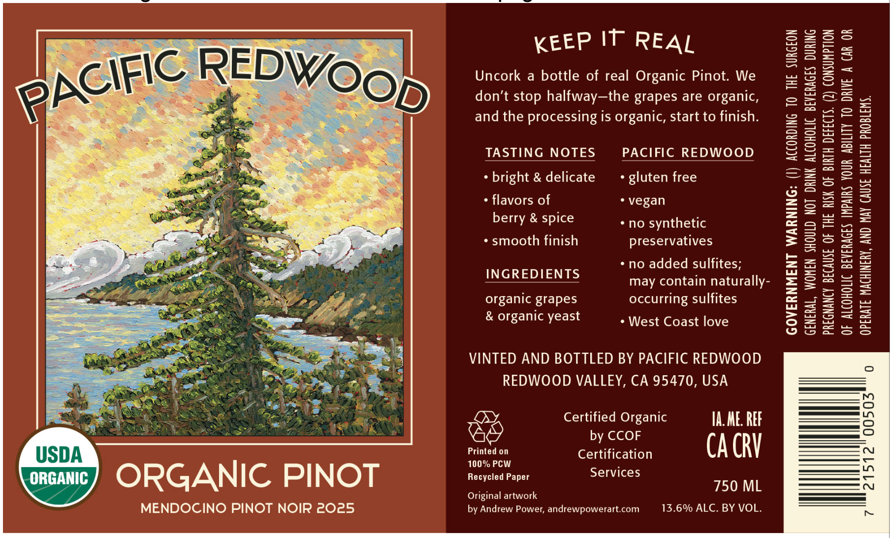 TABC label artwork for Pacific Redwood Organic Pinot 2025
