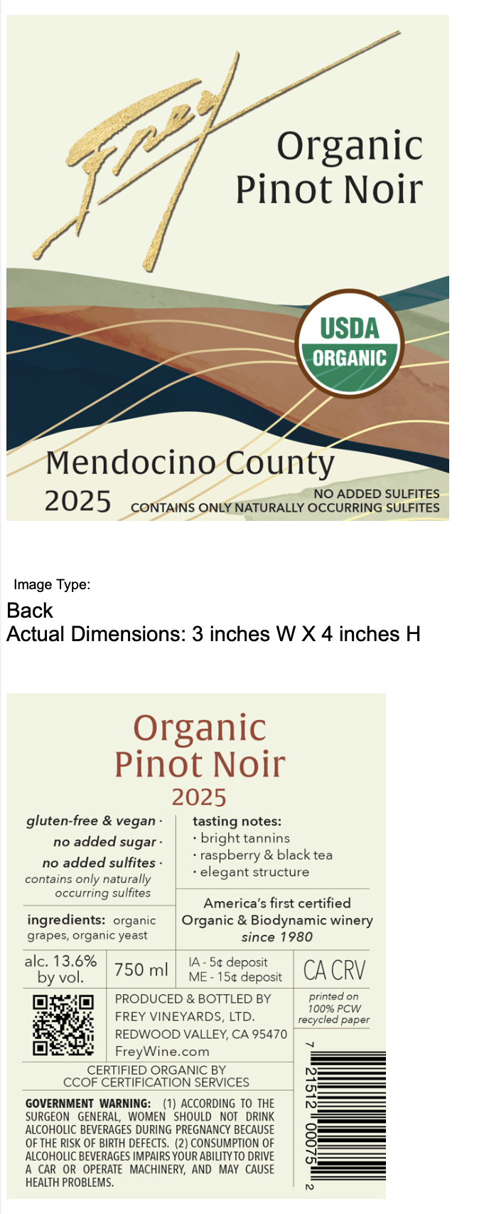 TABC label artwork for Frey Organic Pinot Noir 2025