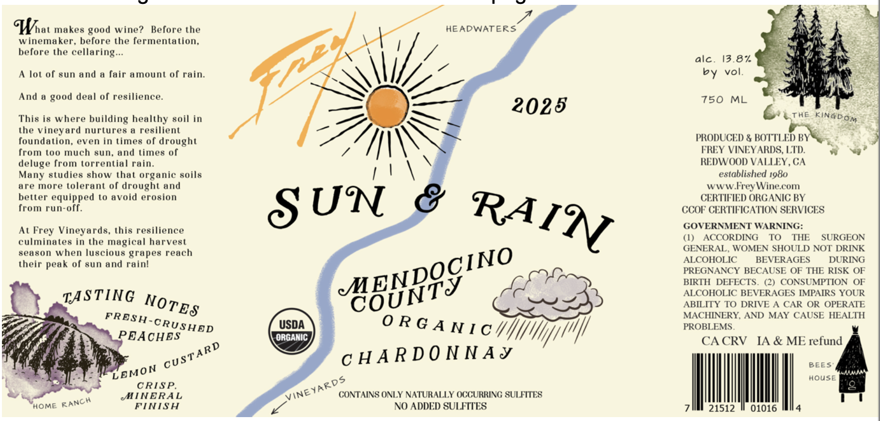 TABC label artwork for Frey Sun & Rain Organic Chardonnay 2025