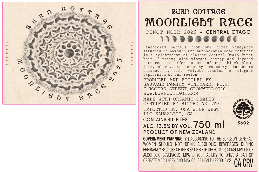 TABC label artwork for Burn Cottage Moonlight Race Pinot Noir Central Otago