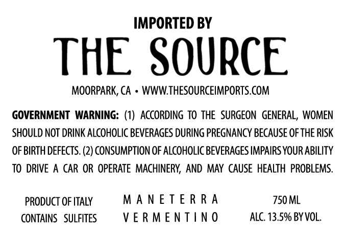 TABC label artwork for Maneterra, Colli di Luni Vermentino