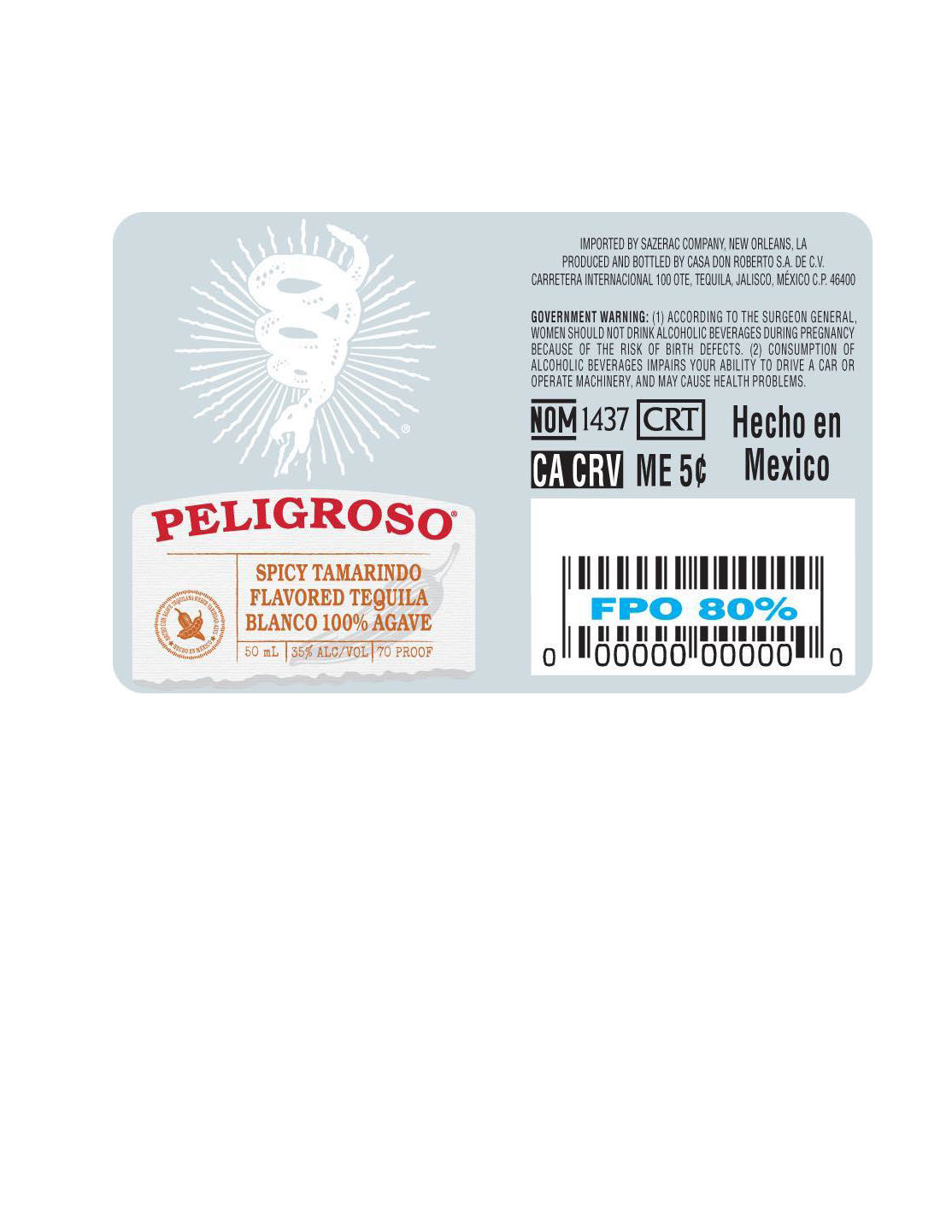 TABC label artwork for Peligroso Spincy Tamarindo Tequila Blanco