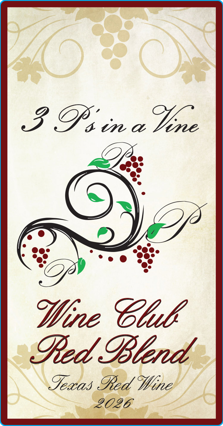TABC label artwork for 3 P's in a Vine Wine Club Red Blend