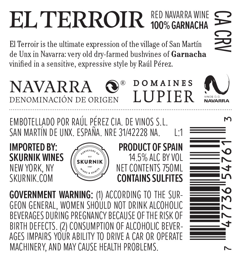 TABC label artwork for Navarra Tinto 'El Terroir', Domaines Lupier [Raul Perez]