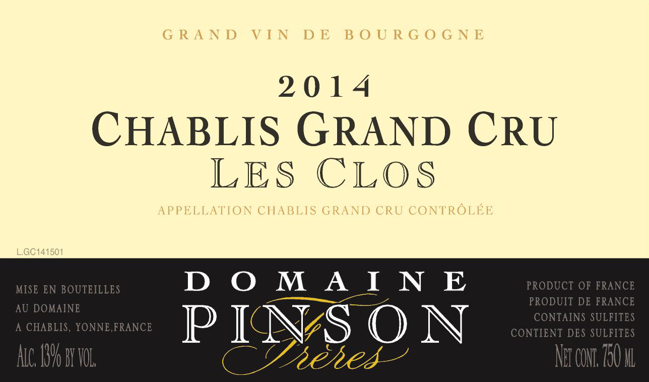 TABC label artwork for Chablis Grand Cru "Les Clos", Domaine Pinson