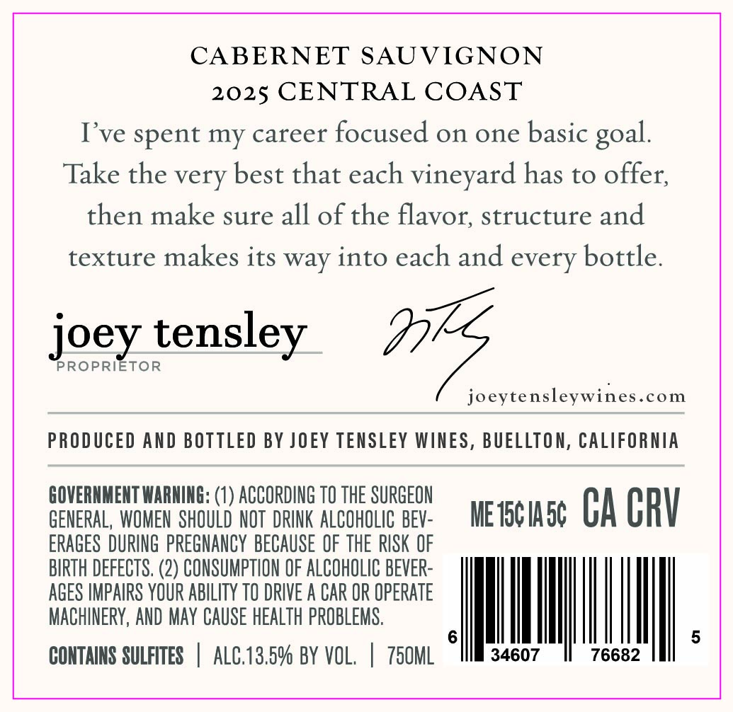 TABC label artwork for Joey Tensley Cabernet Sauvignon Central Coast