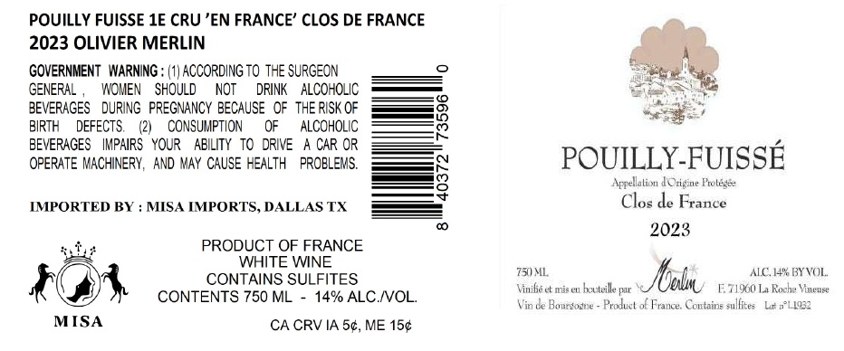 TABC label artwork for OLIVIER MERLIN EN FRANCE CLOS DE FRANCE
