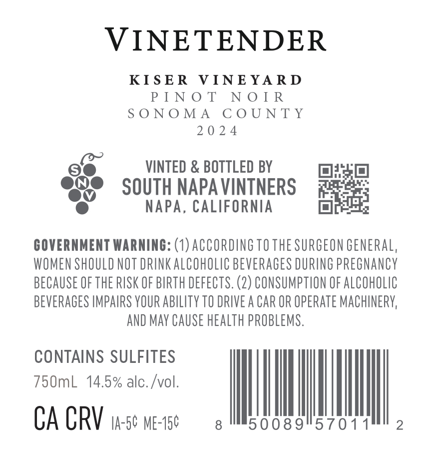 TABC label artwork for Vinetender Pinot Noir Sonoma County