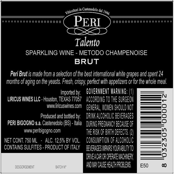 TABC label artwork for Peri Talento Brut