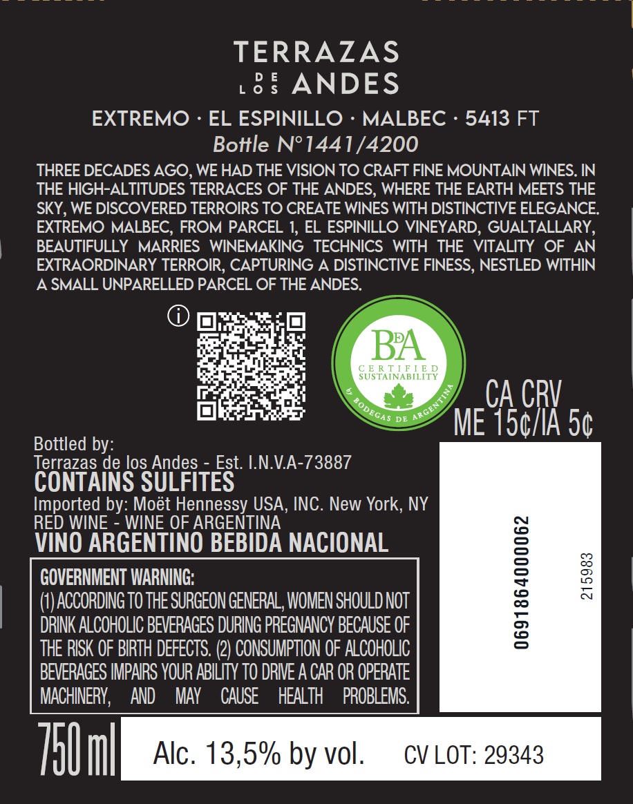 TABC label artwork for TERRAZAS DE LOS ANDES EXTREMO MALBEC