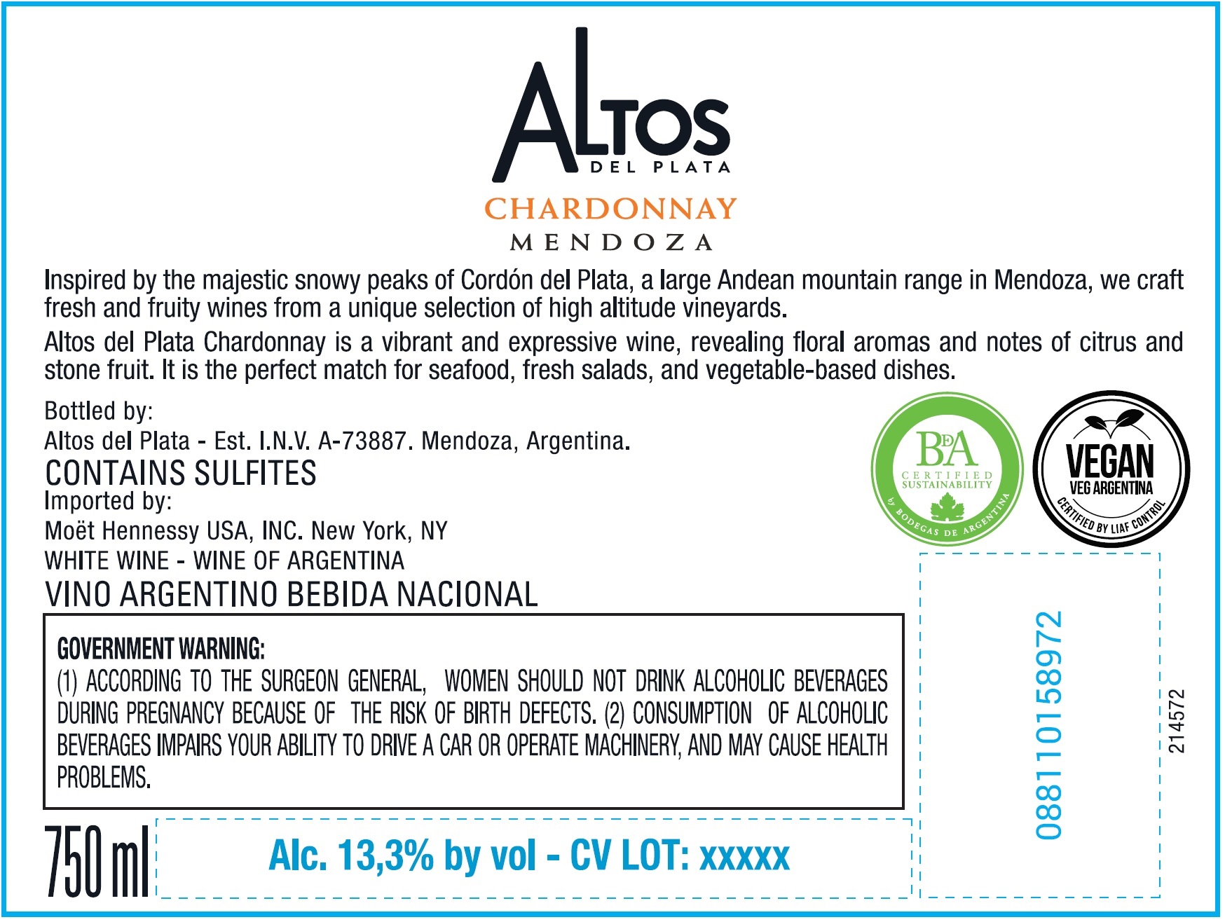 TABC label artwork for ALTOS DE PLATA CHARDONNAY