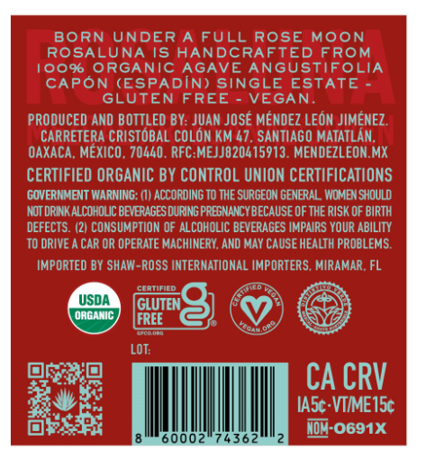 TABC label artwork for Rosaluna Mezcal Joven Organic