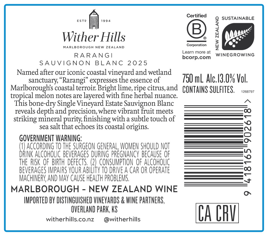 TABC label artwork for Wither Hills 2025 Rarangi Sauvignon Blanc
