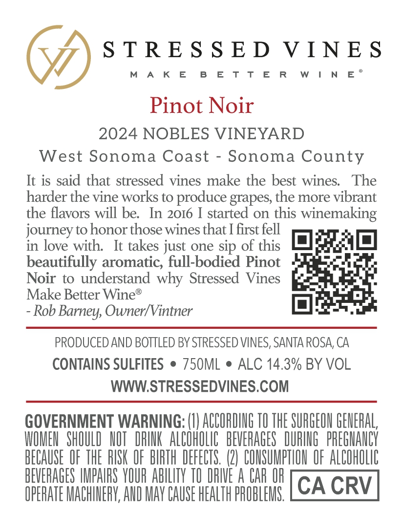 TABC label artwork for STRESSED VINES PINOT NOIR NOBLES VINEYARD