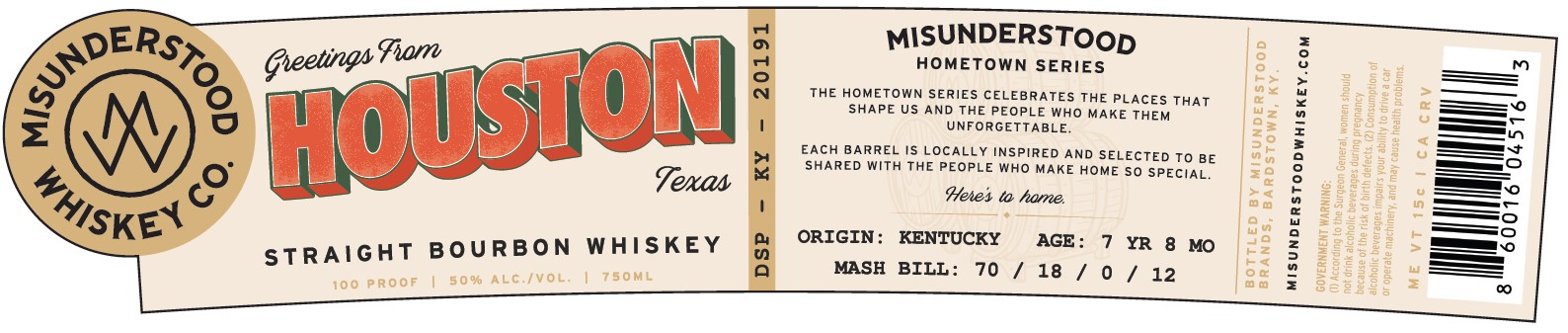 TABC label artwork for Misunderstood Whiskey Co. Greetings From Houston Straight Bourbon Whiskey