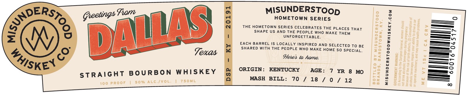 TABC label artwork for Misunderstood Whiskey Co. Greeting From Dallas Straight Bourbon Whiskey