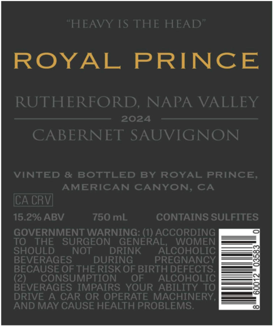 TABC label artwork for Royal Prince Cabernet Sauvignon Rutherford