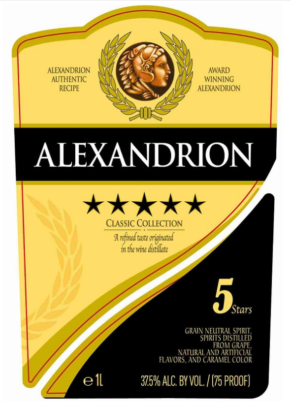 TABC label artwork for ALEXANDRION Five Stars
