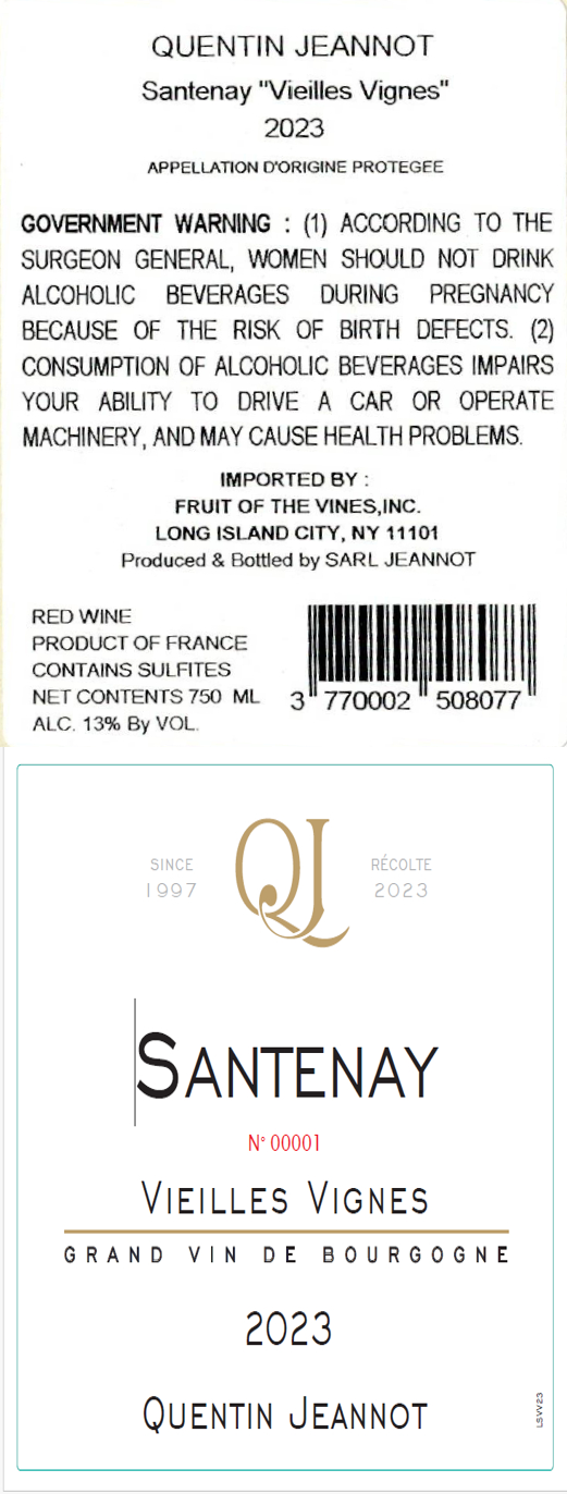 TABC label artwork for Quentin Jeannot Vieilles Vignes Santenay Red
