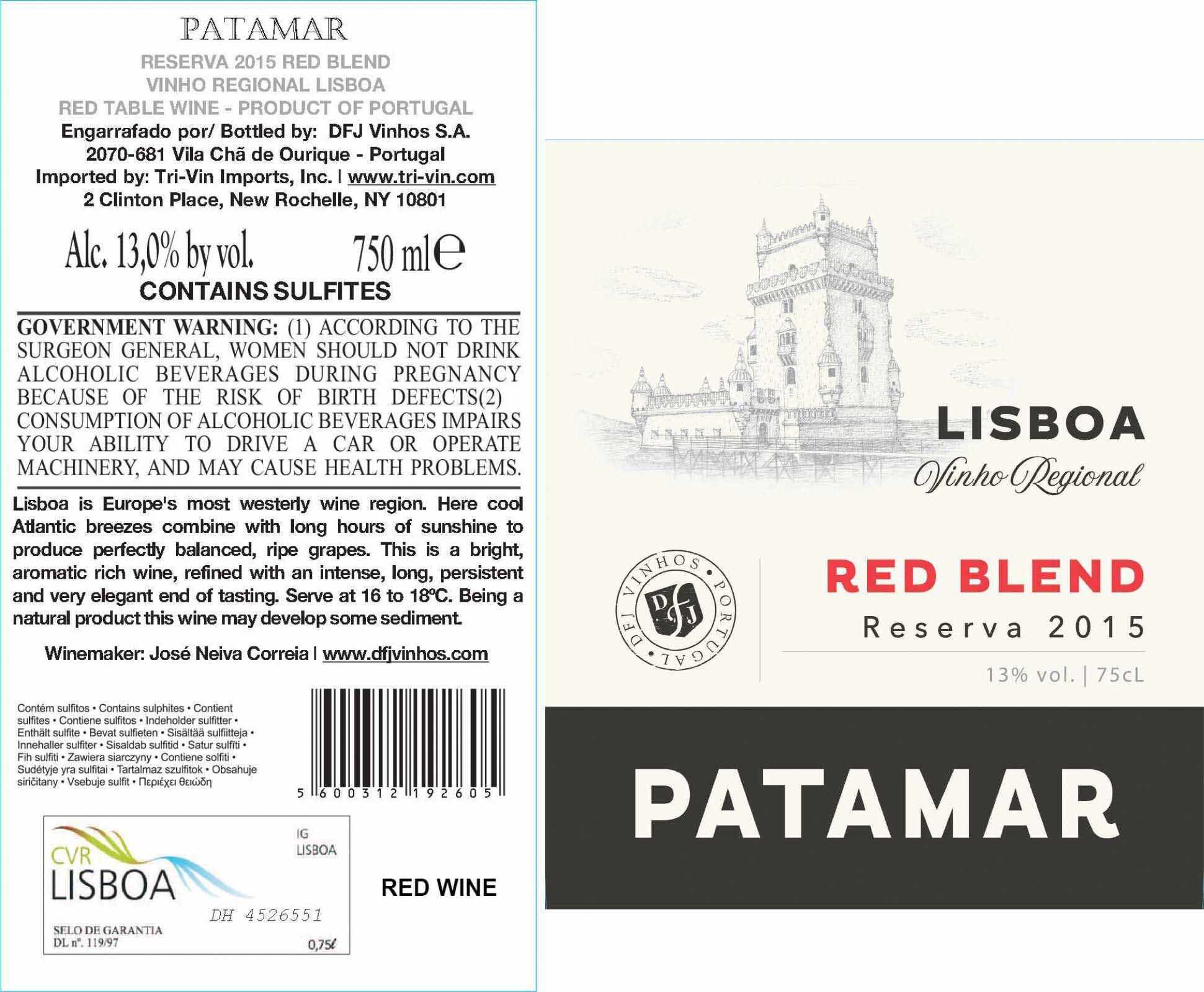TABC label artwork for Patamar Reserva Red Blend Lisboa