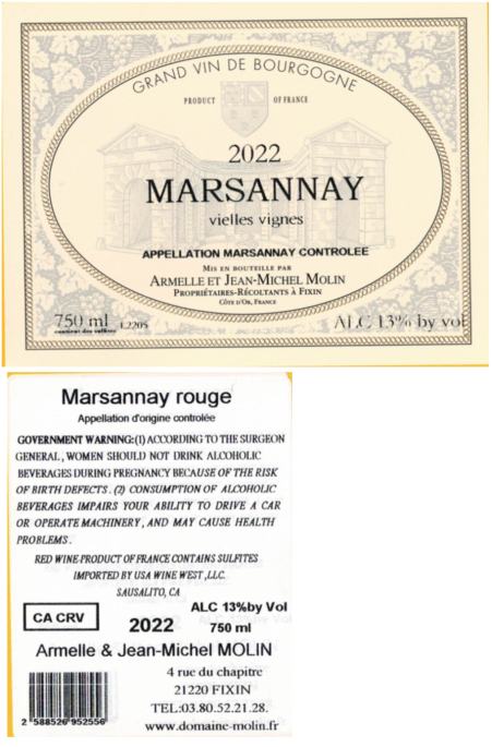 TABC label artwork for Armelle & Jean-Michel Molin Villes Vignes Red Marsannay