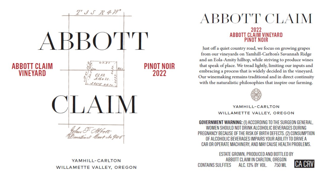 TABC label artwork for Abbott Claim Pinot Noir Yamhill-Carlton