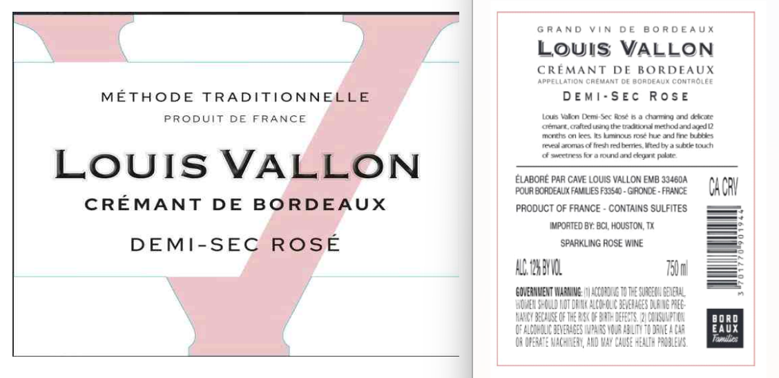 TABC label artwork for Louis Vallon Crémant de Bordeaux Demi-Sec Rosé