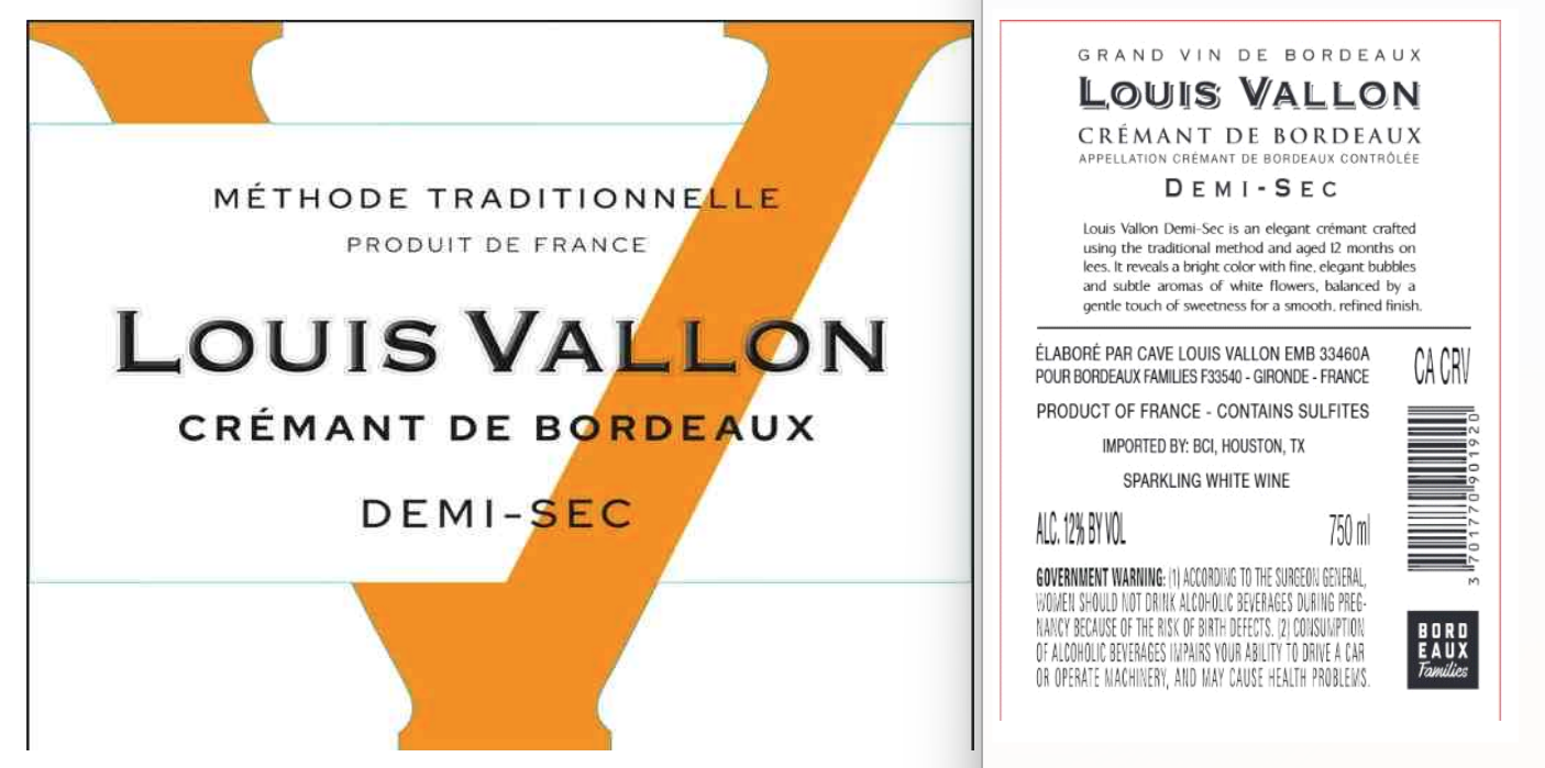 TABC label artwork for Louis Vallon Crémant de Bordeaux Demi-Sec