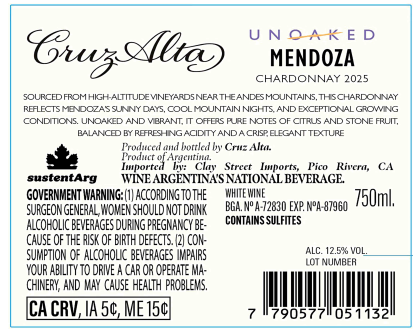TABC label artwork for UNOAKED CRUZ ALTA CHARDONNAY