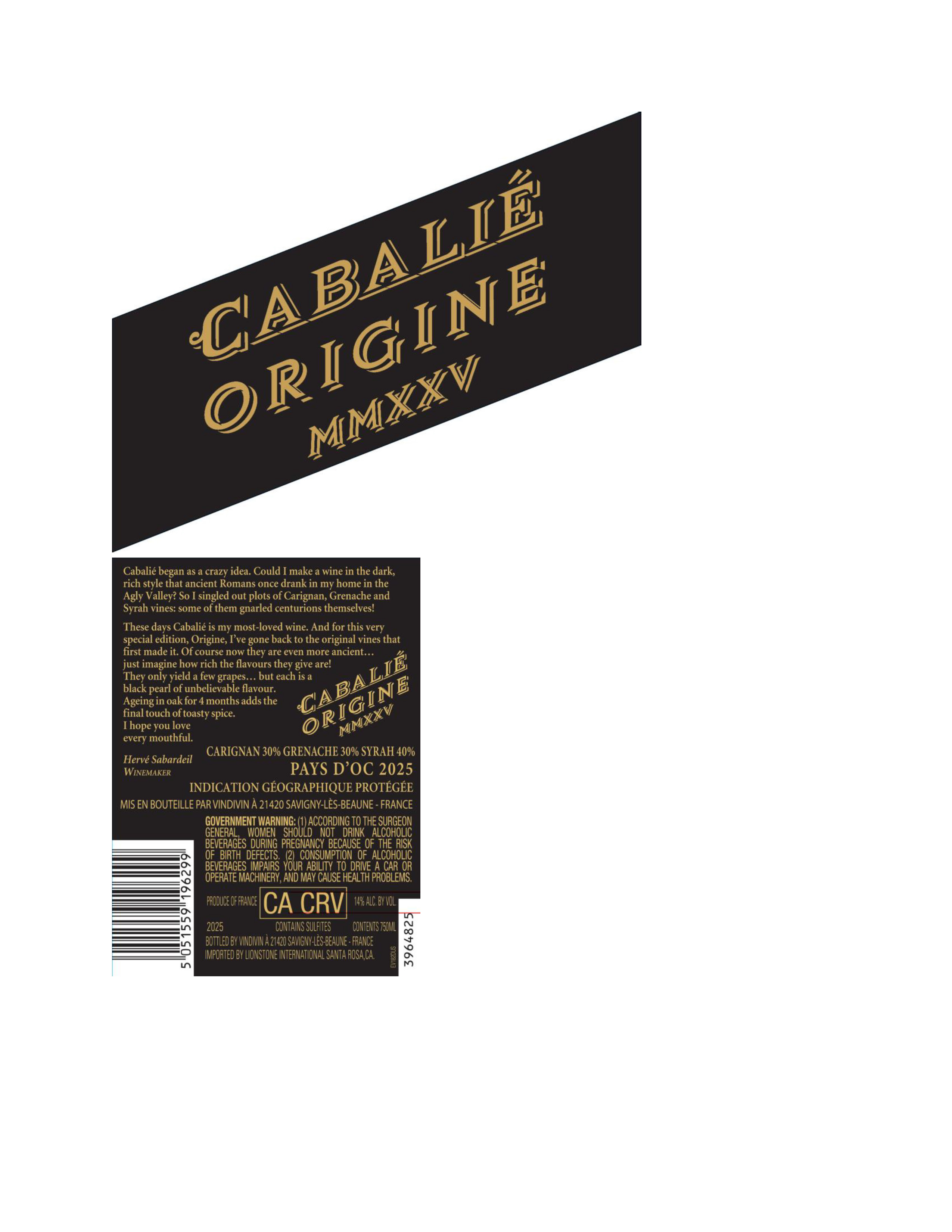 TABC label artwork for CABALIE ORIGINE