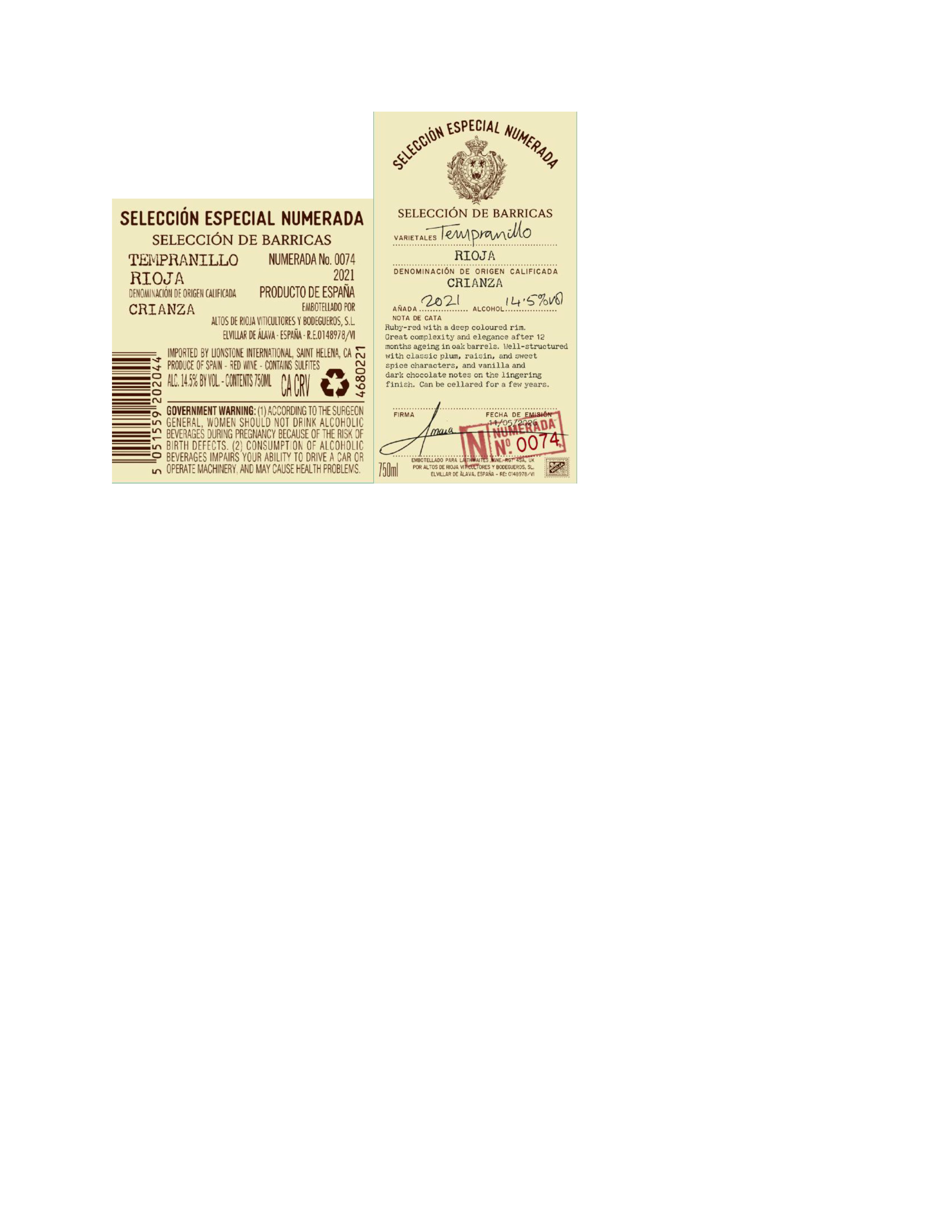 TABC label artwork for SELECCION ESPECIAL NUMERADA TEMPRANILLO
