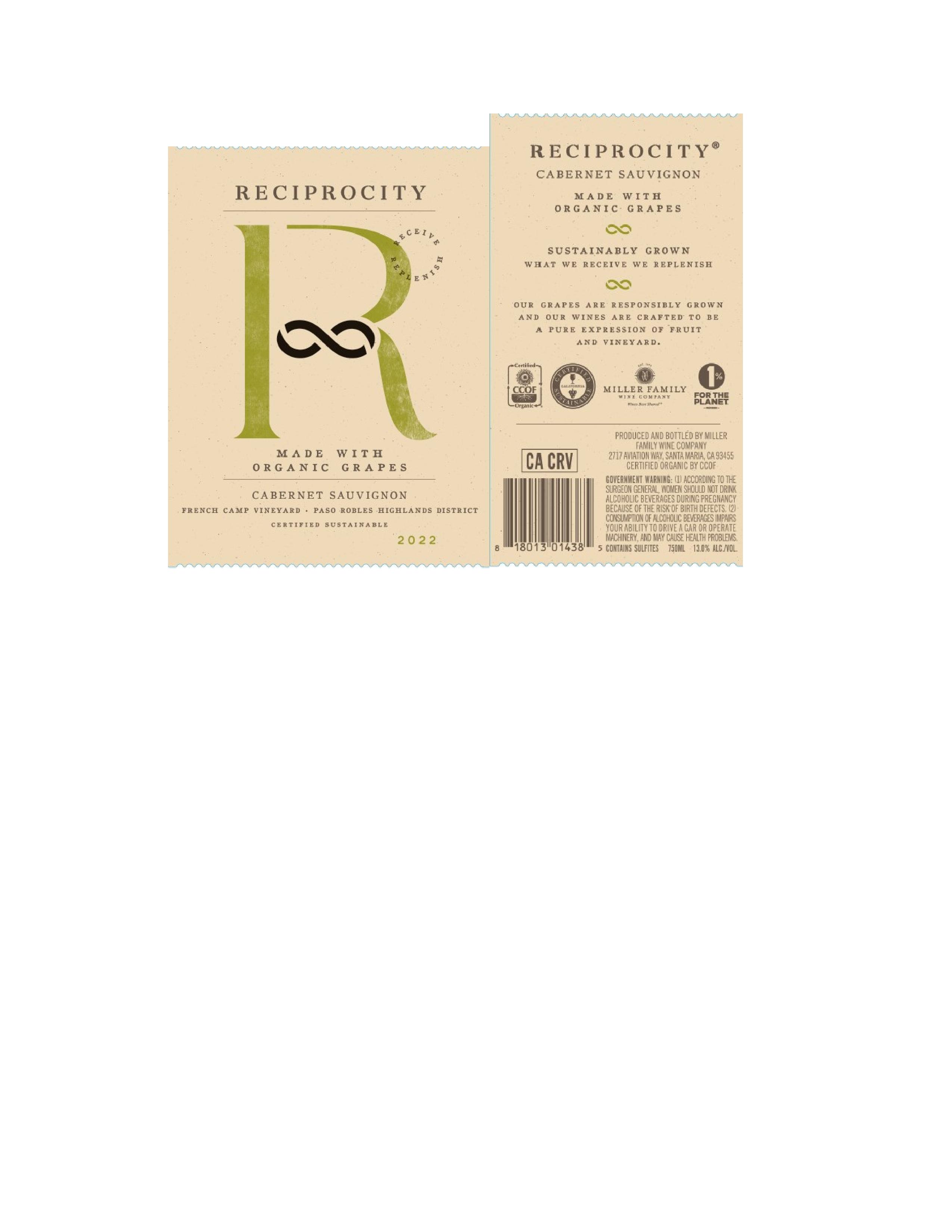 TABC label artwork for Reciprocity Cabernet Sauvignon