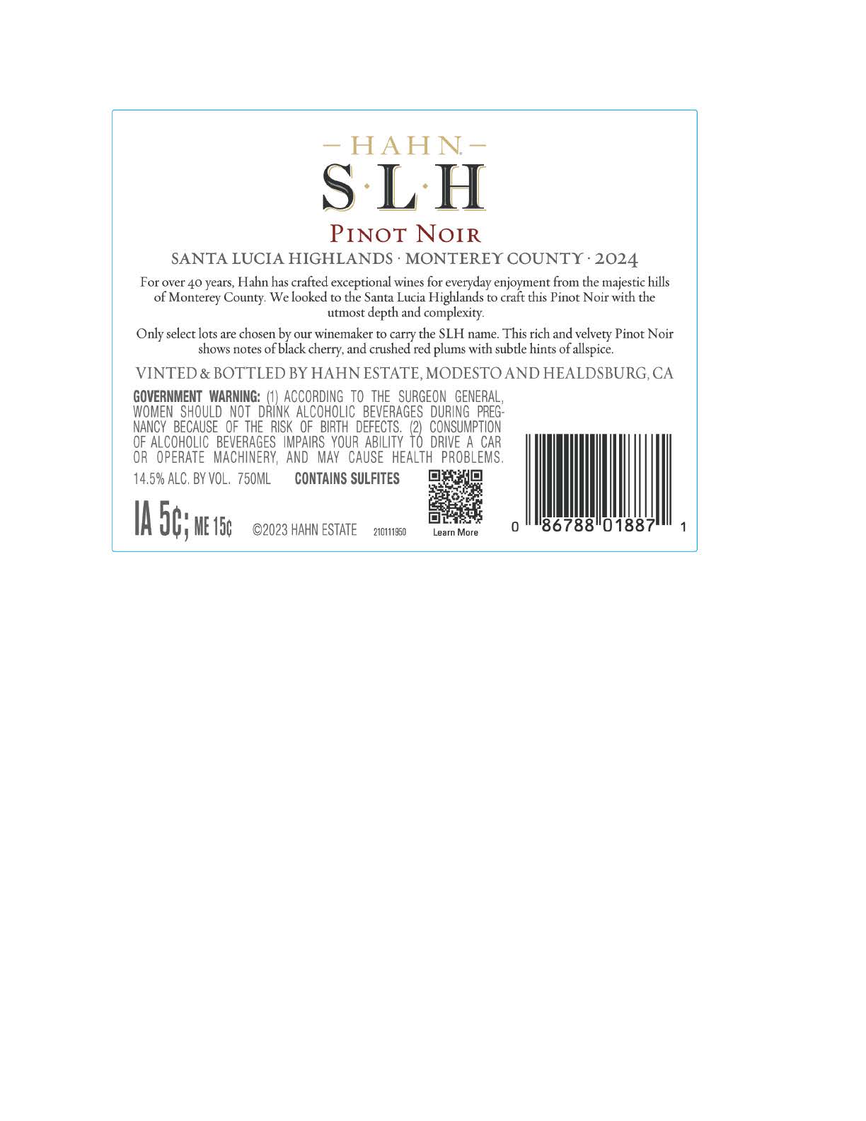 TABC label artwork for Hahn Pinot Noir Slh Santa Lucia Highlands