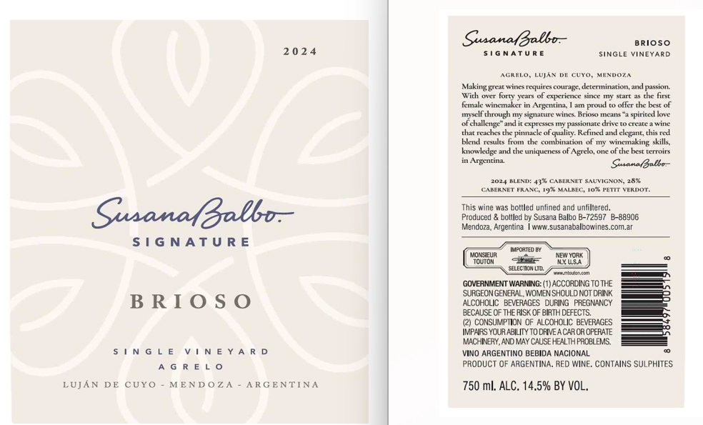 TABC label artwork for Susana Balbo Brioso