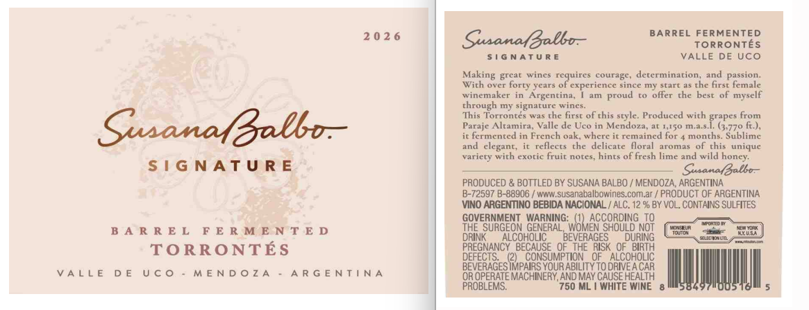 TABC label artwork for Susana Balbo Barrel Fermented Torrontes