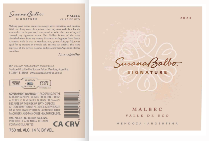 TABC label artwork for Susana Balbo Malbec