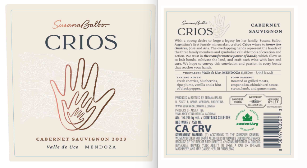 TABC label artwork for Crios Cabernet Sauvignon