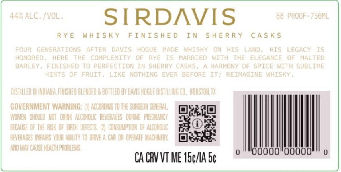 TABC label artwork for SirDavis Rye Whiskey Finished In Sherry Casks