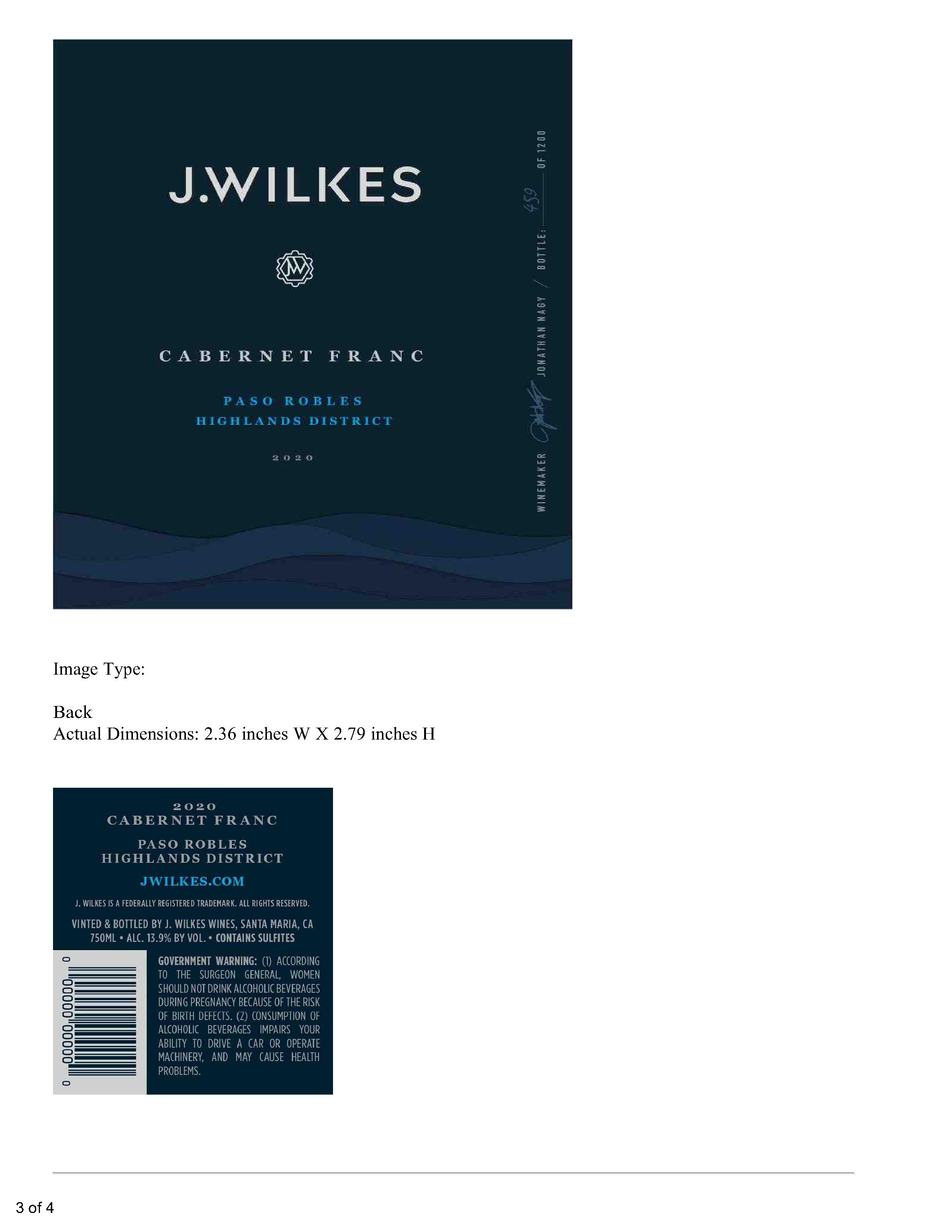 TABC label artwork for J Wilkes Cabernet Franc