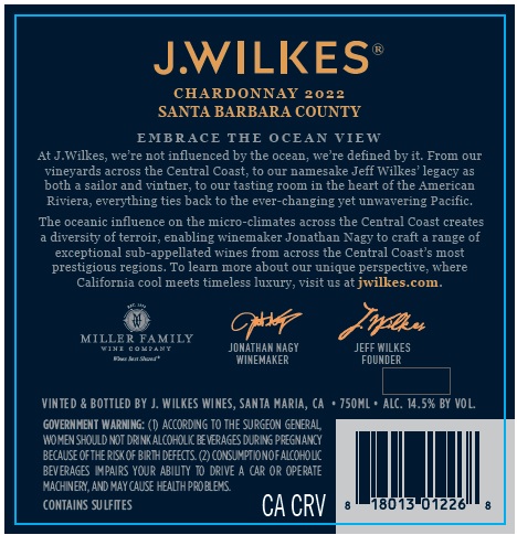 TABC label artwork for J Wilkes Chardonnay