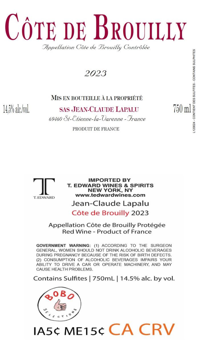 TABC label artwork for Jean-Claude Lapalu Cote de Brouilly