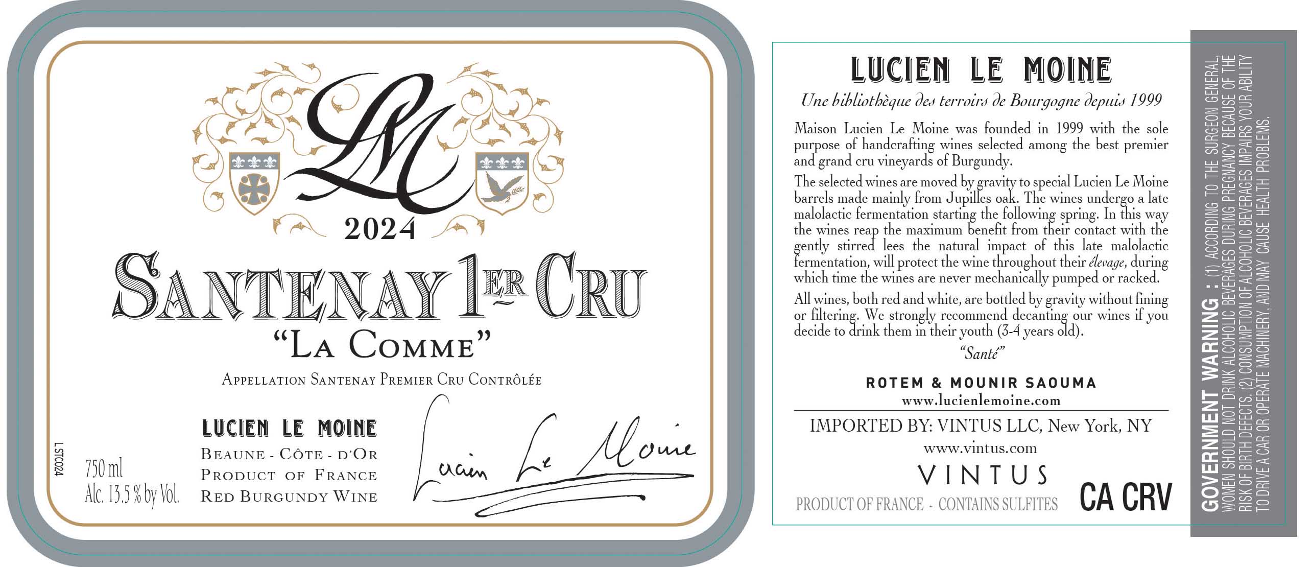TABC label artwork for LUCIEN LE MOINE SANTENAY 1ER CRU LA COMME ROUGE
