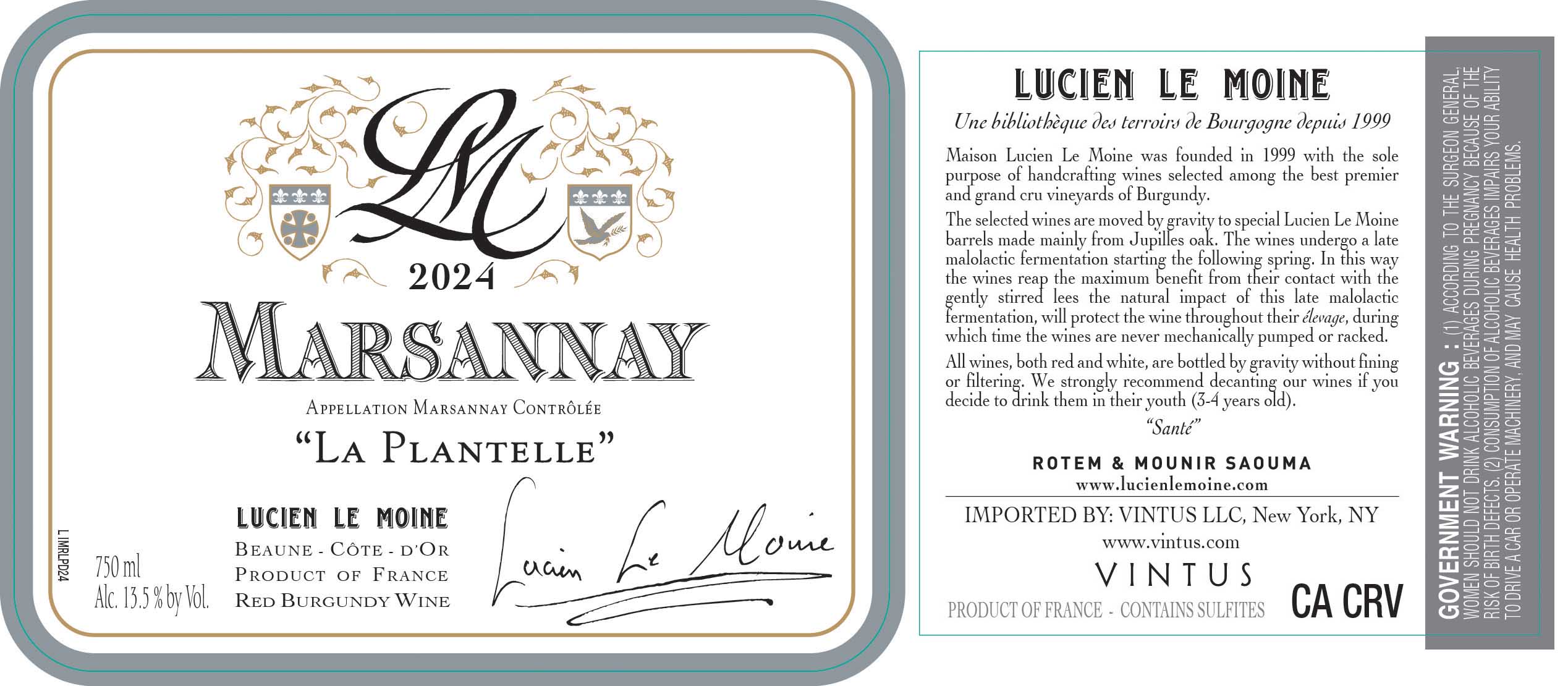 TABC label artwork for LUCIEN LE MOINE MARSANNAY LA PLANTELLE ROUGE