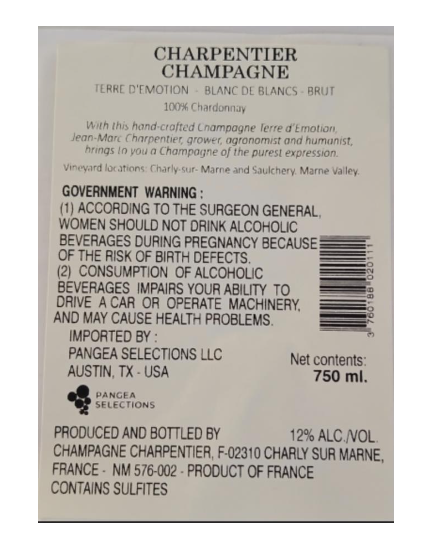 TABC label artwork for Terre D'Emotion Blanc de Blanc - CHARPENTIER CHAMPANGE