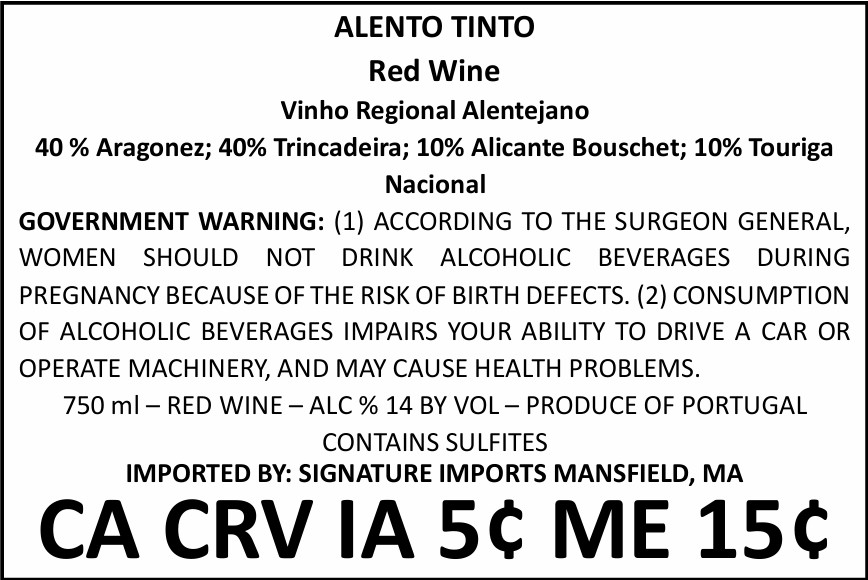 TABC label artwork for Alento Tinto
