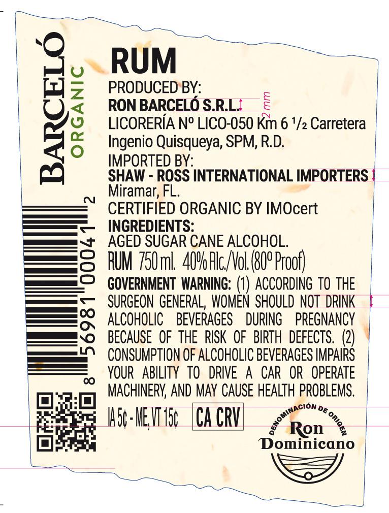 TABC label artwork for Barcelo Organic Rum ORG