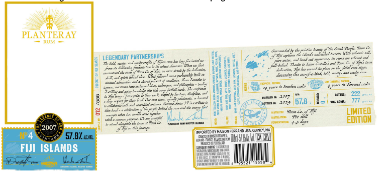 TABC label artwork for Planteray Rum Extreme No. 6 Legends Fiji 2007 115.6P 6/700